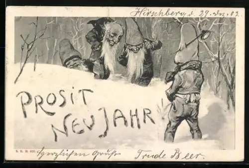 AK Zwerge im verschneiten Wald, Neujahrsgruss