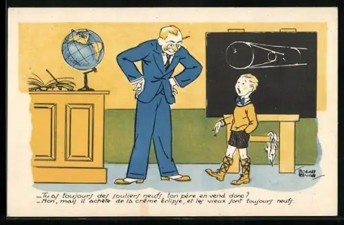 AK Schüler zeigt dem Lehrer seinen sauberen Schuhe, im Hintergrund Schema einer Sonnenfinsternis