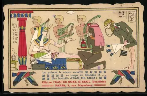 AK Reklame für Mundwasser Eau de Suez nach Art antiker ägyptischer Wandmalerei