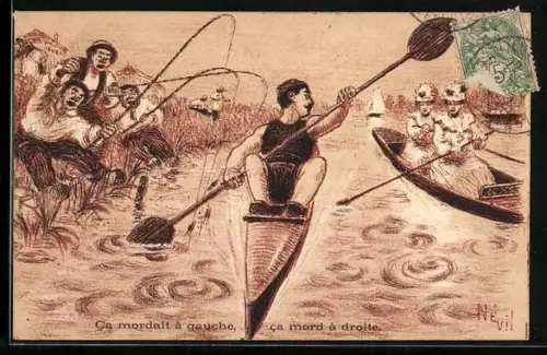 AK Reklame für Maggi, Ruderer verärgert Angler und rudernde Damen