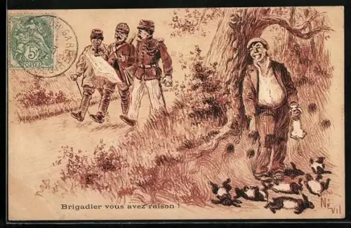 AK Reklame für Maggi, Landstreicher mit Jagdbeute versteckt sich vor Soldaten