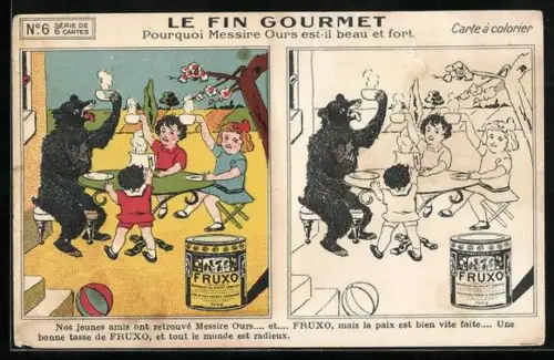 AK Reklame für Fruxo, Bär mit Kindern am Tisch trinkt Fruxo