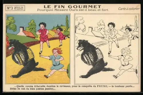 AK Reklame für Fruxo, Bär flüchtet mit Fruxo-Dose unterm Arm