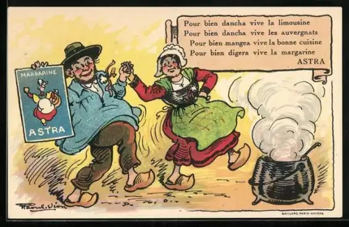 Künstler-AK ASTRA Margarine, Paar tanzt um einen Kochtopf herum