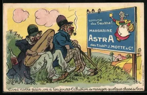 AK Reklame für Margarine Astra, Landstreicher am Wegesrand machen Picknick mit grossem Brotlaib