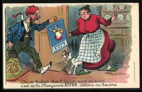 AK Reklame für Margarine Astra, Zerraufter Mann bringt Plakat mit zu seiner Frau