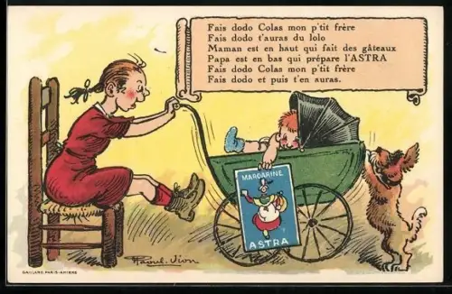 AK Mädchen passt auf den kleinen Bruder auf, Reklame für Margarine Astra