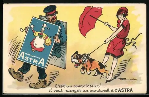 AK Reklame für Margarine Astra, Dame hält ihren Hund von Plakatträger zurück