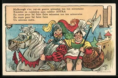 AK Reklame für Astra, Ritter mit Bäuerin auf Pferd mit Astra Korb und Hellebarde