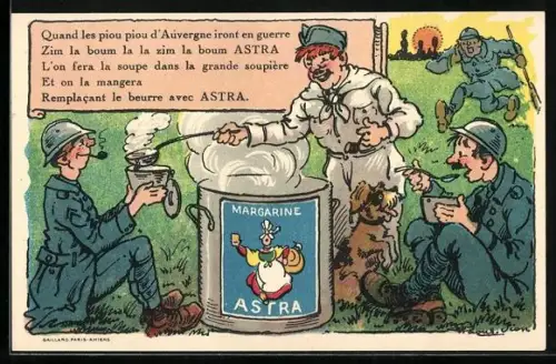 AK Reklame für Margarine Astra, Soldaten kriegen ihre Kantinen aus grossem Topf befüllt