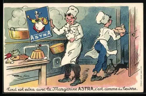 Künstler-AK ASTRA Margarine, Koch und Becker mit Werbeschild in der Küche