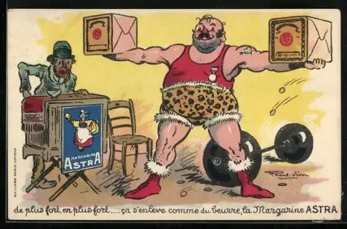 AK Reklame für Astra, Starker Mann vom Zirkus hält zwei Kisten hoch