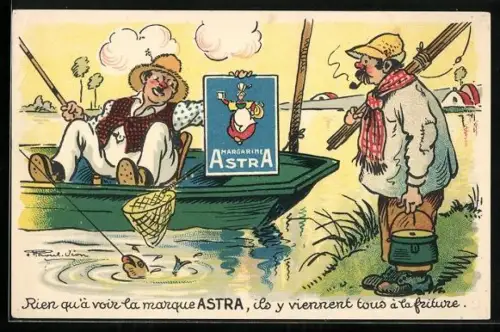 AK Reklame für Margarine Astra, Erfolgreicher Angler präsentiert sein Geheimnis