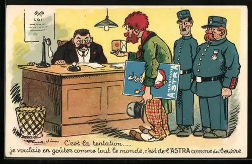 AK Reklame für Margarine Astra, Verhafteter Landstreicher präsentiert Margarine
