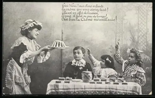 AK Reklame für Créme merveilleuse, Mutter bringt ihren Kindern Pudding