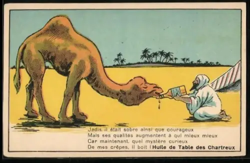 AK Reklame für Chartreux, Beduine gibt seinem Kamel einen Schluck ab