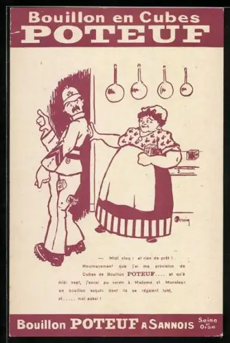 AK Reklame für Buoillon en Cubes Poteuf à Sannois, Hausfrau drückt Polizist zur Tür