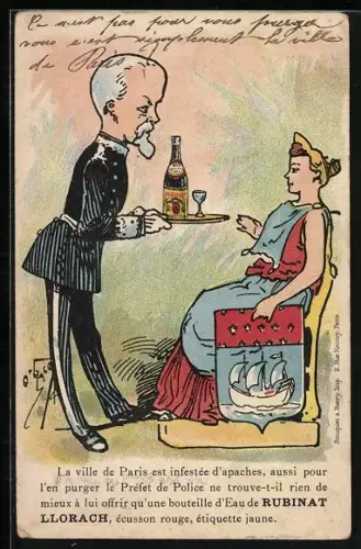 AK Paris, Reklame für Rubinat Llorach, Polizeichef serviert der Stadt ein Glas