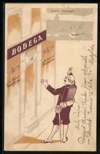 AK Copenhagen, Reklame für The Continental Bodega Company, Wanderer steht vor Ladengeschäft