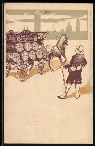 AK Reklame für The Continental Bodega Company, Wanderer betrachtet Kutsche mit Weinfässern