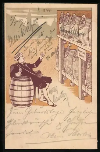 AK Reklame für The Continental Bodega Company, Mann verkostet American Drinks