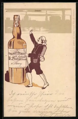 AK Reklame für The Continental Bodega Company, Wanderer findet überdimensionierte Flasche Sherry