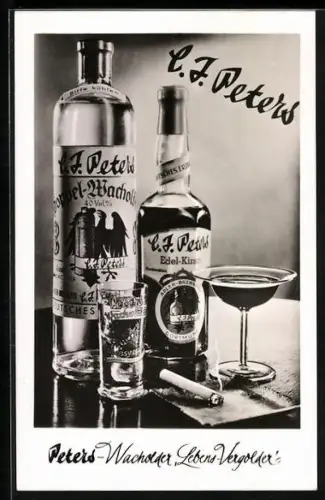 AK Reklame für E.J. Peters Spirituosen, Peters-Wacholder, Lebens-Vergolder