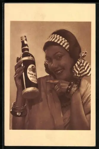 AK Reklame für Negrita Rum, Dame zeigt auf Flasche