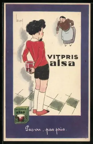 AK Junge versteckt einen Becher hinter seinem Rücken, Reklame für Vitpris alsa