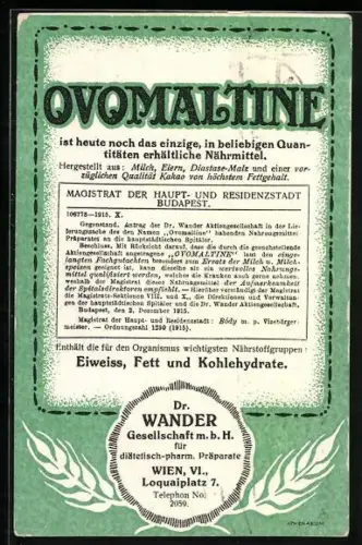 AK Reklame für Ovomaltine, Das einzige, in beliebigen Quantitäten erhältliche Nährmittel