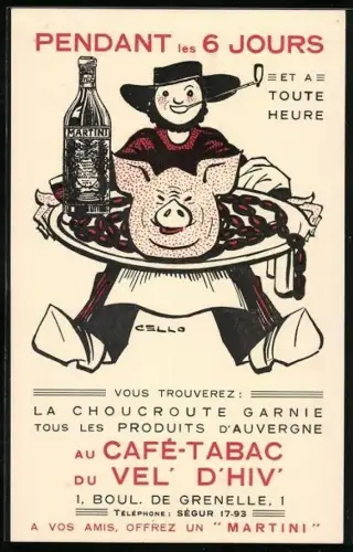 AK Paris, Reklame für Martini und Vel` D`Hiv Kaufladen für Fleisch, Kaffee und Tabak, 1, Boul. de Grenelle