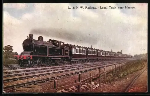 Künstler-AK englische Eisenbahn der Gesellschaft L. & N.W.Railway, Local Train near Harrow