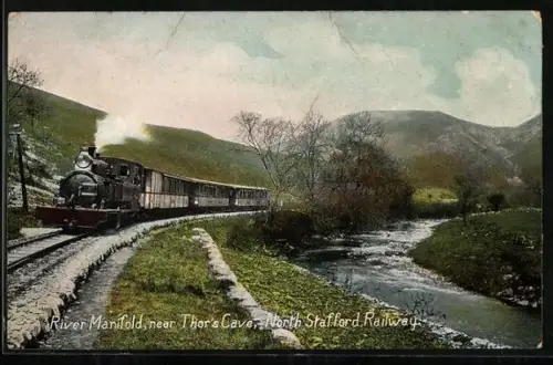 AK River Manifold, near Thor`s Cave, Lokomotive der North Stafford Railway, englische Eisenbahn