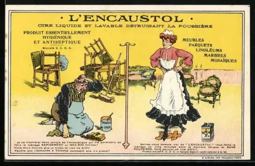 AK Medikament L`Encaustol Cire Liquide et Lavable Detruisant la Poussiere, Dienstmädchen beim Bodenwischen