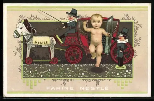 AK Kleinkind springt aus einer Kutsche, Reklame für Farine Nestlé, Medikament