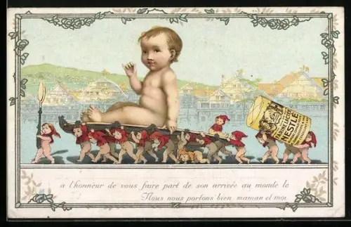 AK Kleinkind wird von Zwergen auf einem Tablett getragen, Reklame für Nestlé`s Kindermehl