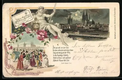 Lithographie Köln, Panorama, Reklame Eau de Cologne Parmüm von NAFA