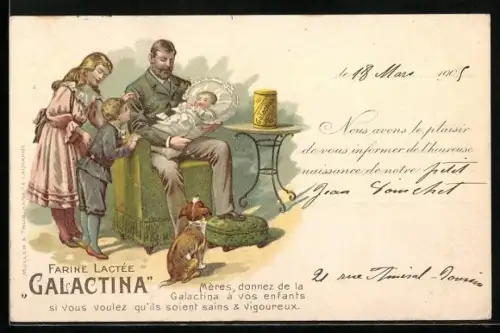 Lithographie Farine Lactée Galactina, Familie mit dem Neugeborenen