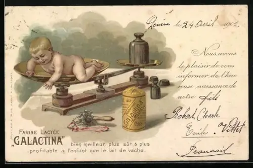 Lithographie Farine Lactée Galactina, Kindermehl, Baby auf einer Waage