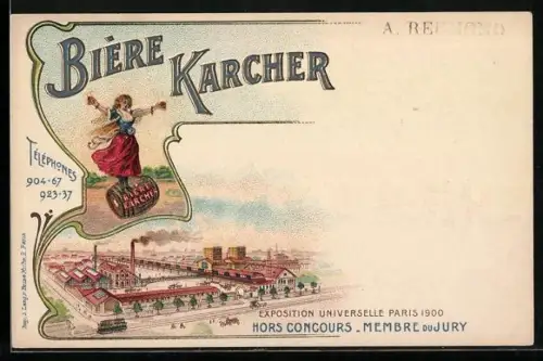 Lithographie Paris, Exposition Universelle Paris 1900, Bière Karcher, Brauerei-Werbung