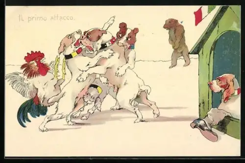 AK La première attaque, Hunde und Hahn kämpfen, vermenschlichte Tiere