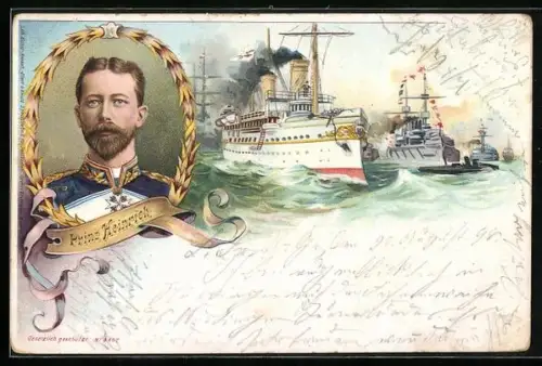 Lithographie Kriegsschiffe auf See, Portrait von Prinz Heinrich von Preussen