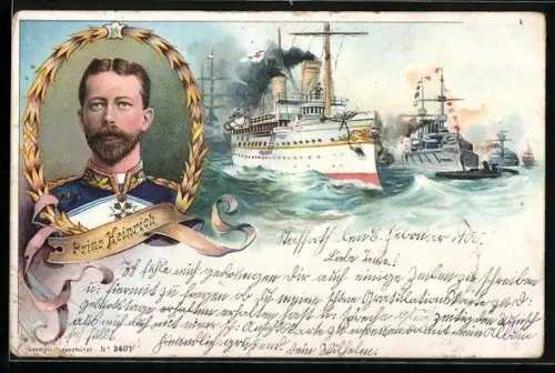 Lithographie Kriegsschiffe, Portrait des Prinzen Heinrich von Preussen