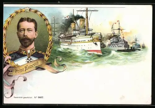 Lithographie Prinz Heinrich von Preussen im Porträt mit Kriegsschiffen auf hoher See