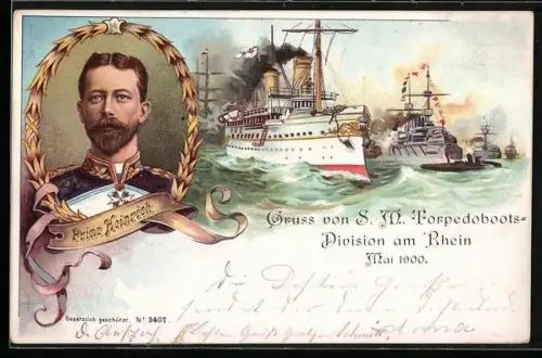 Lithographie Prinz Heinrich von Preussen im Porträt, Torpedoboots-Divsion am Rhein 1900, Kriegsschiffe auf hoher See