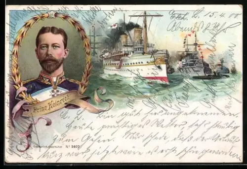 Lithographie Kriegsschiffe, Portrait des Prinzen Heinrich von Preussen
