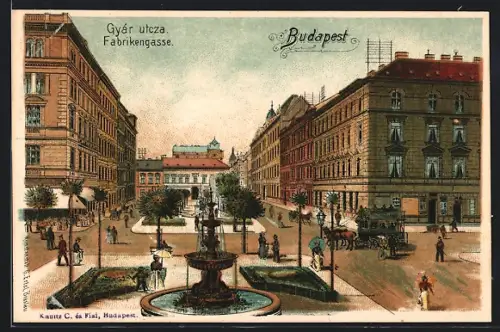 Lithographie Budapest, Fabrikengasse mit Springbrunnen