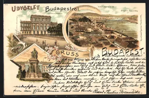 Lithographie Budapest, Akademie der Wissenschaften, Deak-Denkmal, Burggarten, Quai & Burg
