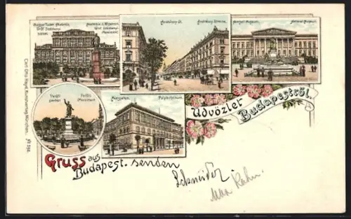 Lithographie Budapest, Andrássy-Strasse, National-Museum, Peföfi-Monument, Polytechnikum