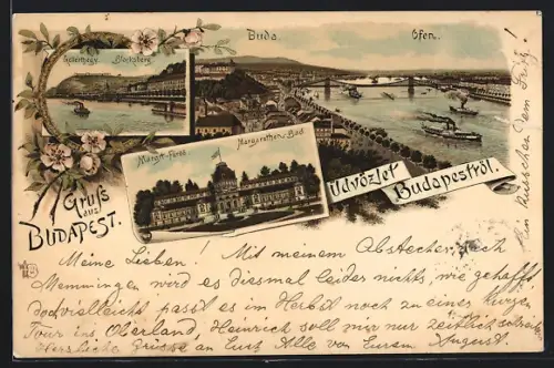 Lithographie Budapest, Blocksberg, Margarethen-Bad, Blick auf Buda und Ofen